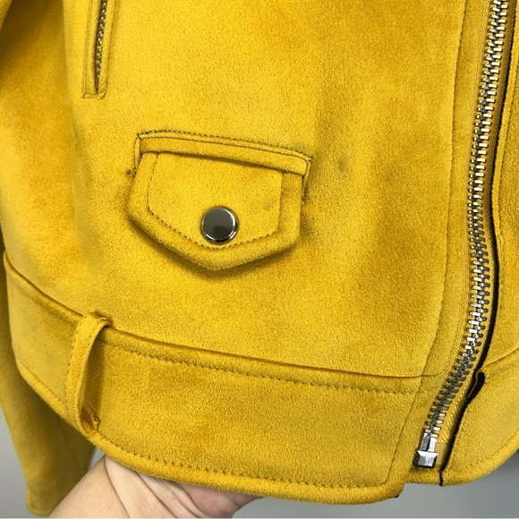 Zara Mustard Yellow Faux Leather Biker Jacket Womens L Indie Rocker Grunge Outer - Picture 11 of 16